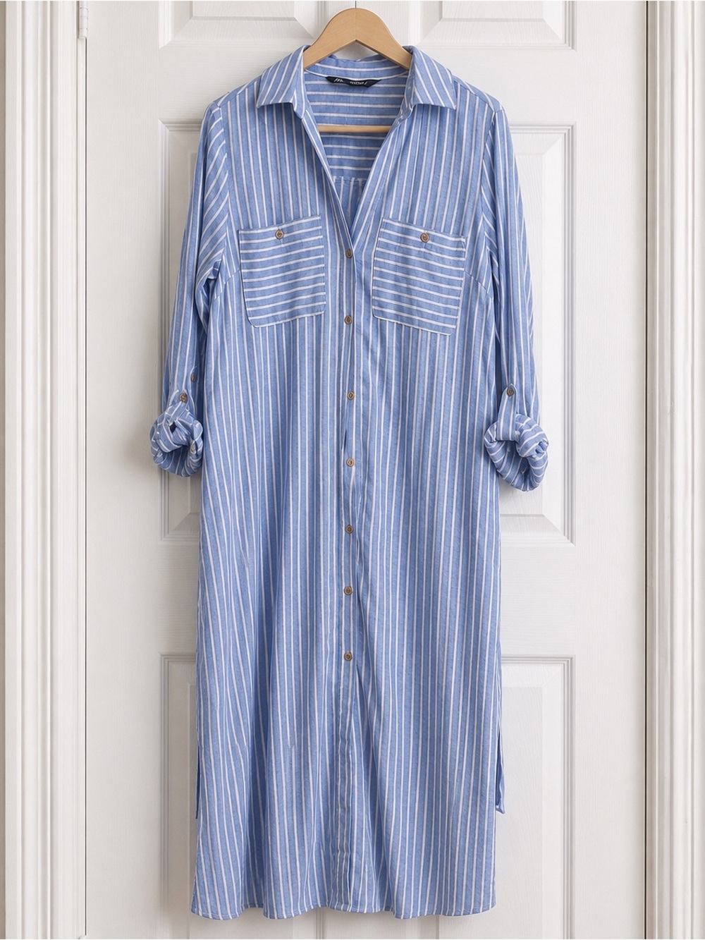 Zara Blue White Striped Linen Blend Shirt Dress Size S Belted Midi - Picture 2 of 12
